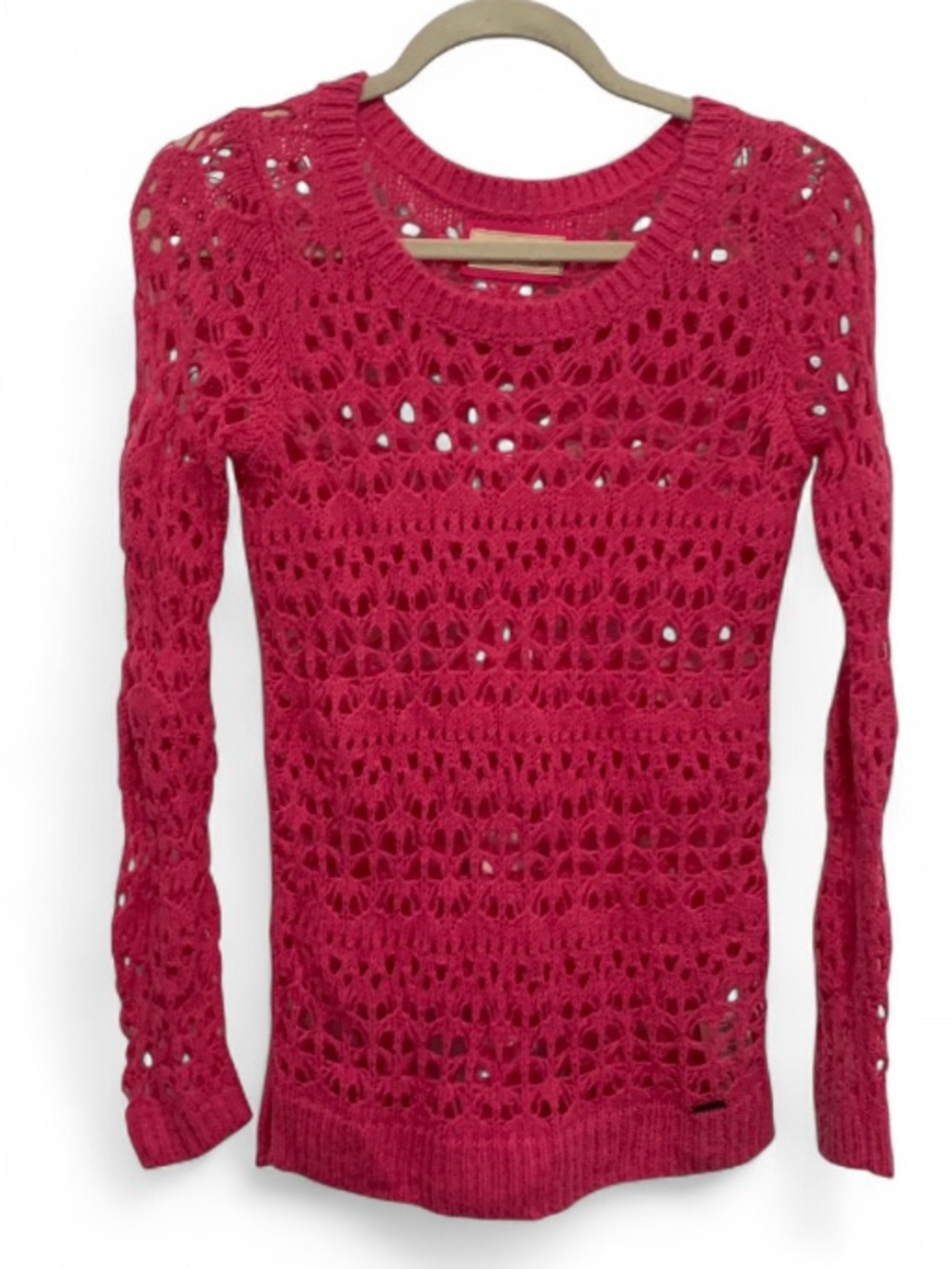 Y2K Hollister Open-Knit Crewneck Sweater - Hot Pink
